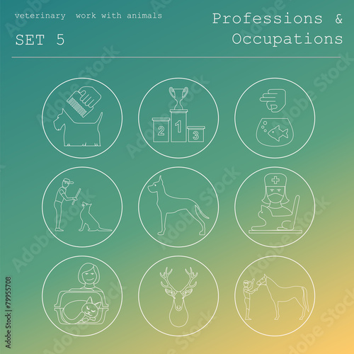 Professions and occupations outline icon set. Veterinary, work w
