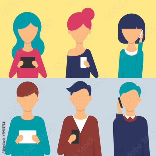 Set of people with tablets and smartphones in their hands. Vecto