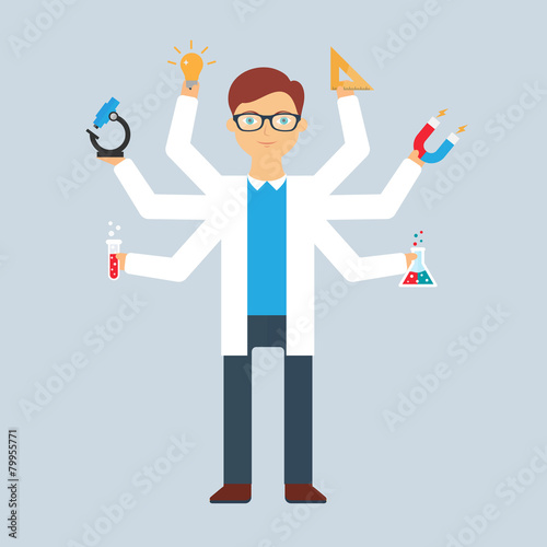 Multitasking character: scientist. Flat style, vector illustrati