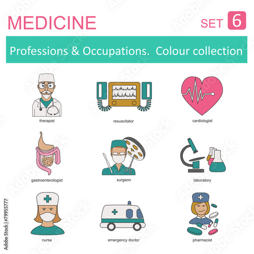 Professions and occupations coloured icon set. Medical. Flat lin