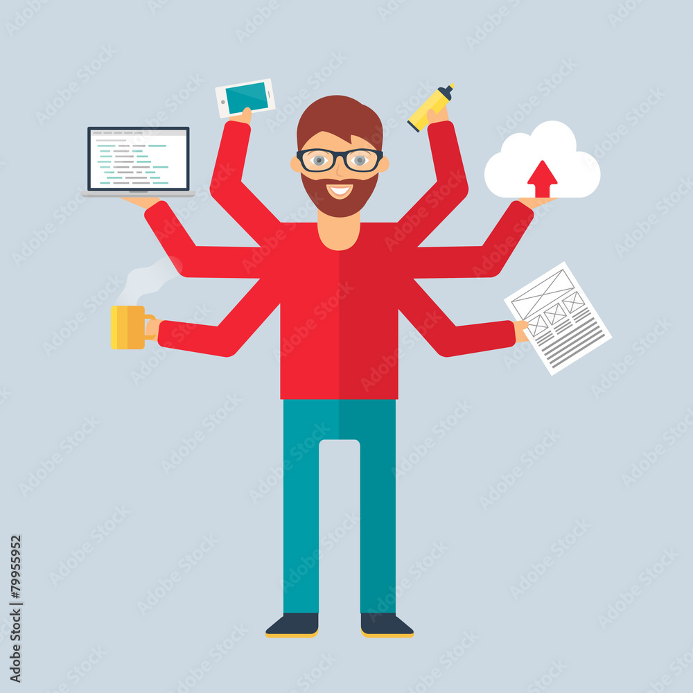 Multitasking character: programmer. Flat style, vector illustrat Multitasking character: programmer. Flat style, vector illustrat