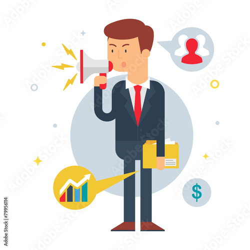 Illustration of a businessman yelling into a megaphone, flat sty