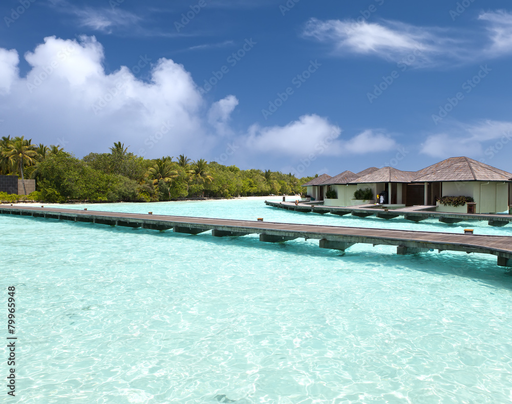 Fototapeta premium houses over the transparent quiet sea water and a palm tree