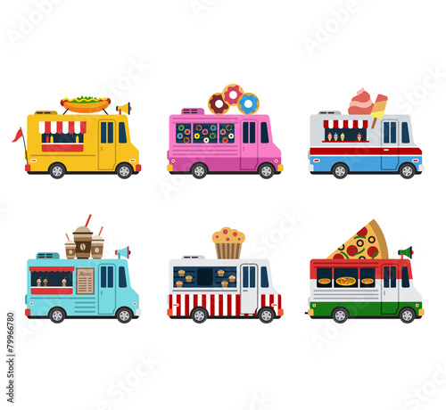 Van with food, meals on wheels, fast food. Flat style icons