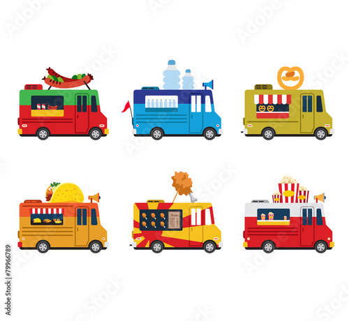 Van with food, meals on wheels, fast food. Flat style icons