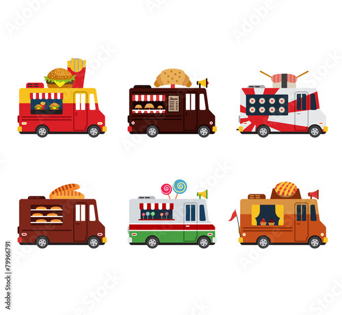 Van with food, meals on wheels, fast food. Flat style icons