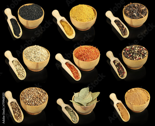 Collage of different spices in bowls on black background