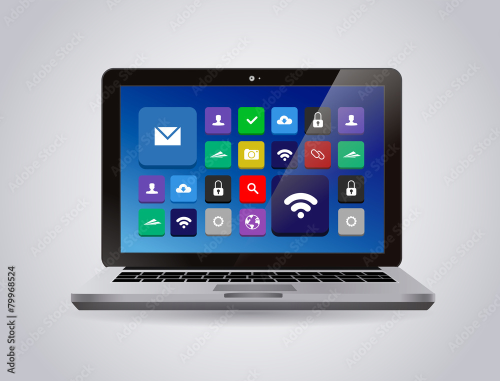 Realistic glossy tablet PC Isolated with apps icons