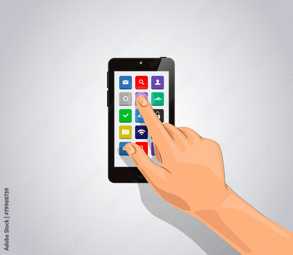 Realistic smart phone Isolated with apps icons and touch hand. Realistic smart phone Isolated with apps icons and touch hand.