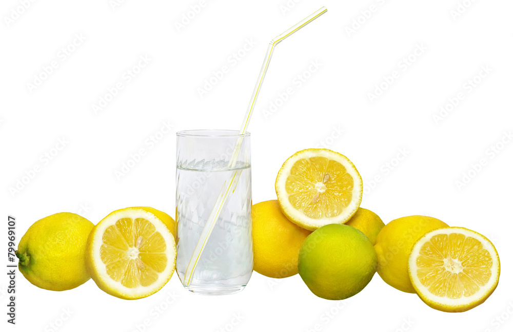 Fresh lemons with glass of lemonade isolated on white Fresh lemons with glass of lemonade isolated on white