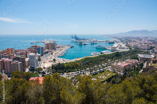 Panoramic view of the industrial harbor in Malaga, Spain
