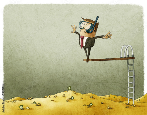 businessman jumps into a big pile of money