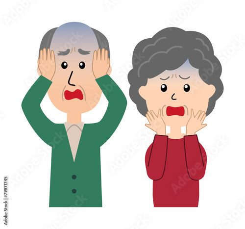 A senior couple with a devastated expression and poses