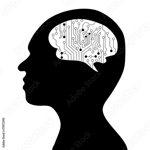 silhouette of the head and  brain. process of human thinking