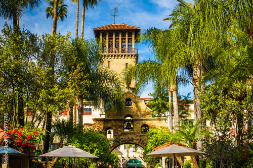 The exterior of the Mission Inn, in Riverside, California.