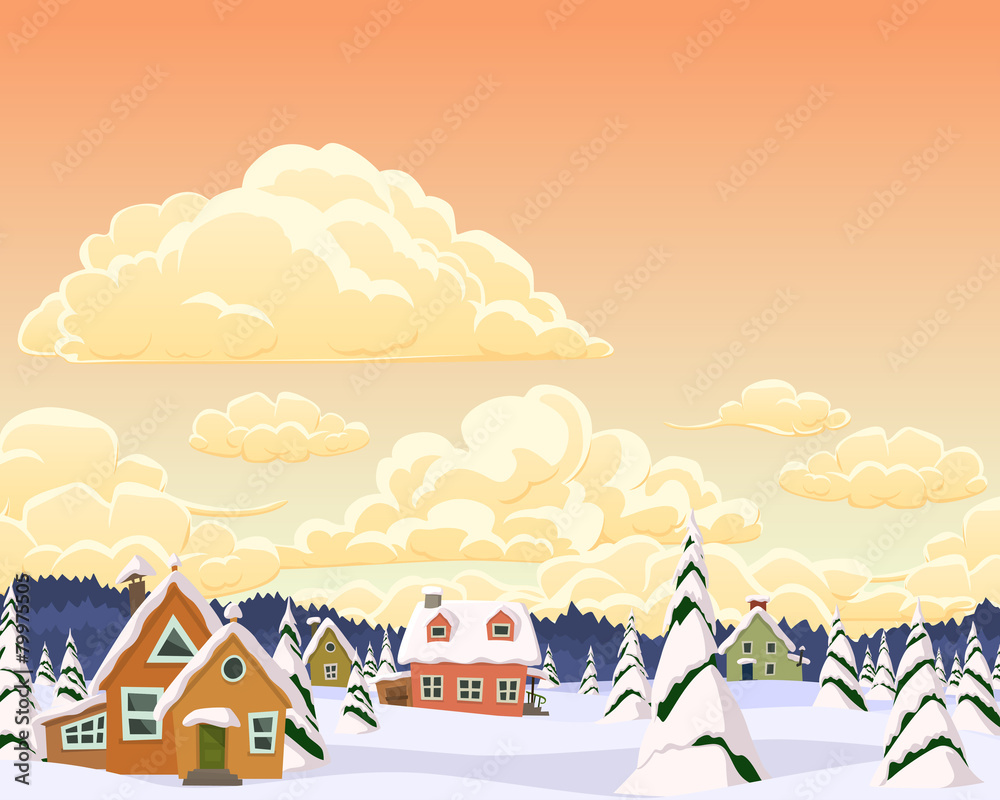 Vector winter landscape with village and trees