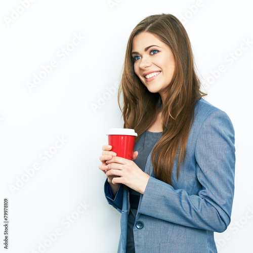 Smiling Business woman hold coffee cup.