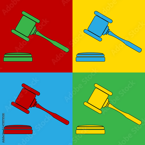 Pop art judge gavel symbol icons.