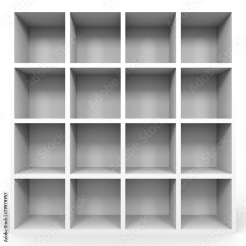 Empty bookshelf on white.