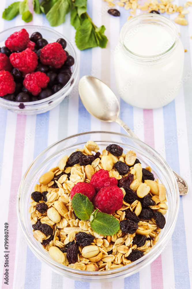 Honey glazed oatmeal, nut and coconut chips granola in a glass b Honey glazed oatmeal, nut and coconut chips granola in a glass b