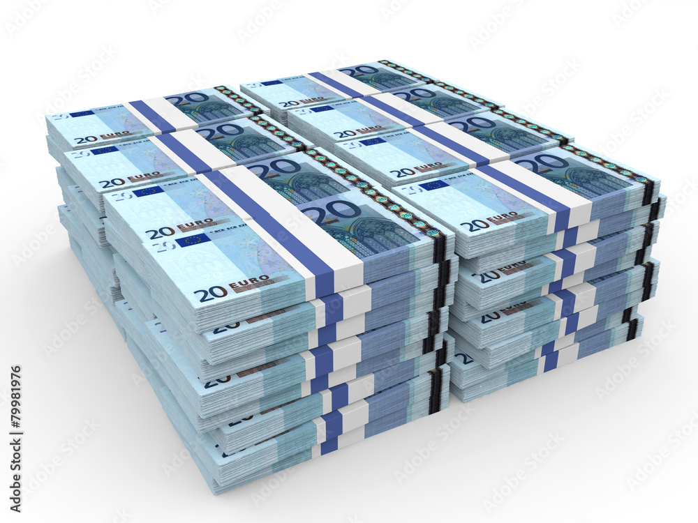 Stacks of money. Twenty euros. Stacks of money. Twenty euros.