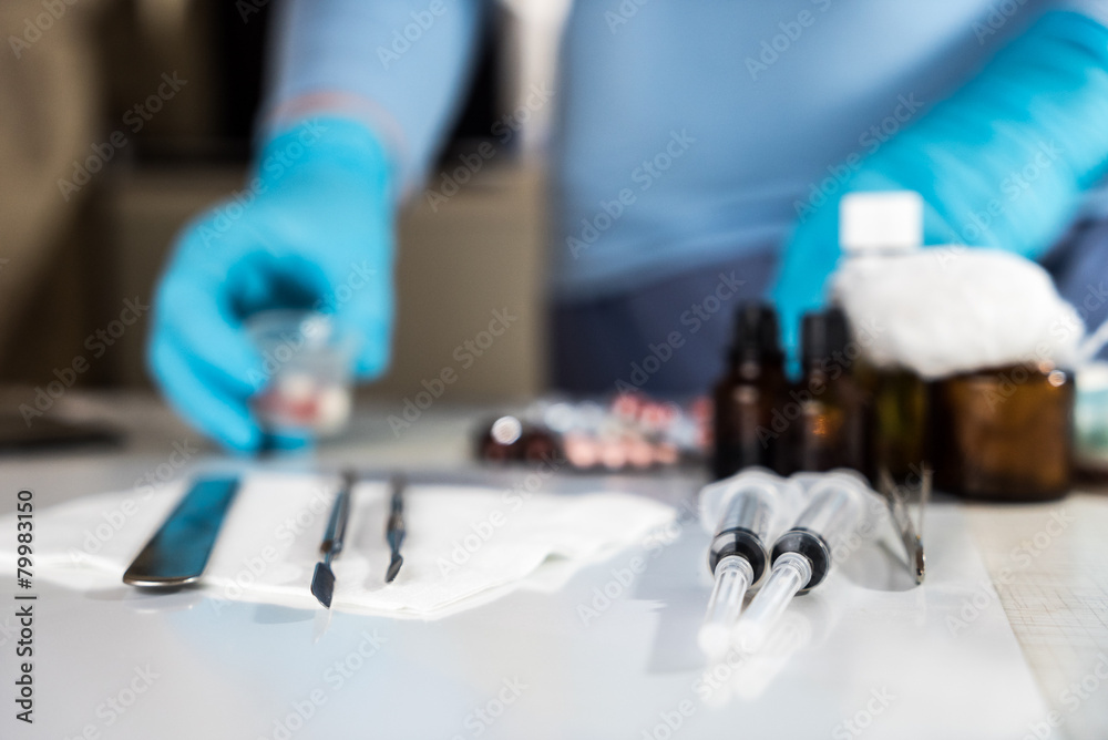 Syringe with glass vials and medications pills drug Syringe with glass vials and medications pills drug