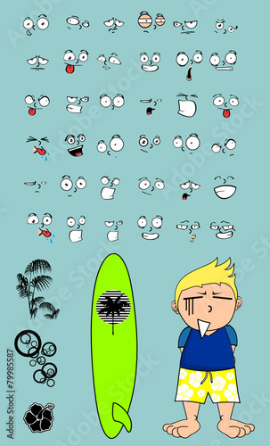 surfer kid cartoon expression set8