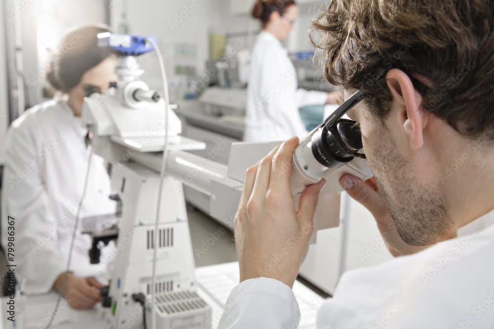 Scientists working in laboratory, microscope Scientists working in laboratory, microscope