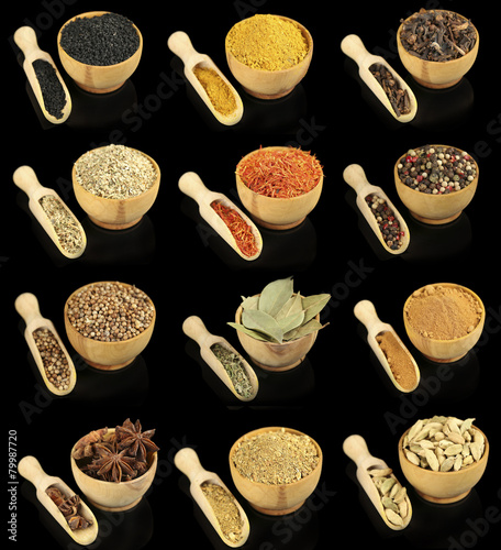 Collage of different spices in bowls on black background