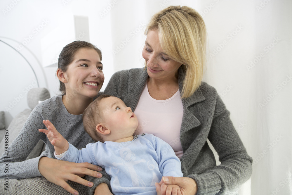 Mother sitting with daughter and baby boy on couch, smiling Mother sitting with daughter and baby boy on couch, smiling