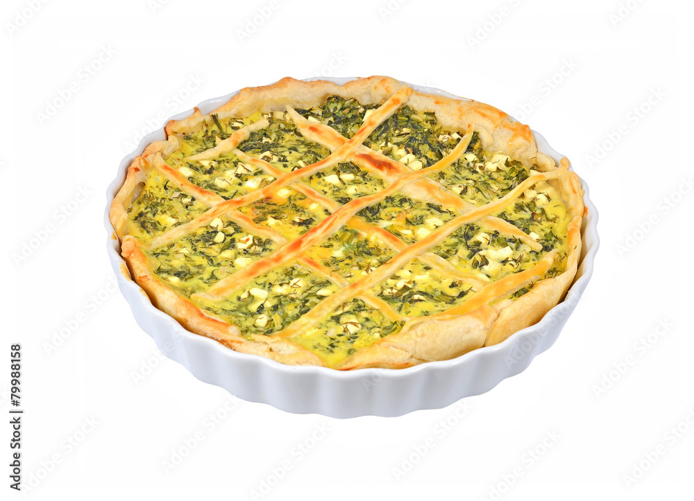 Pie with cheese and herbs in baking form Pie with cheese and herbs in baking form