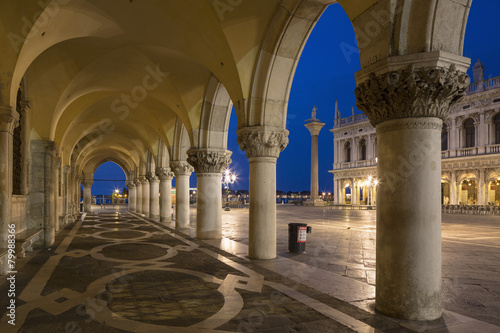 Italy, Venice, St Mark's Square, Colonnade of Doge's Palace at night #79988366