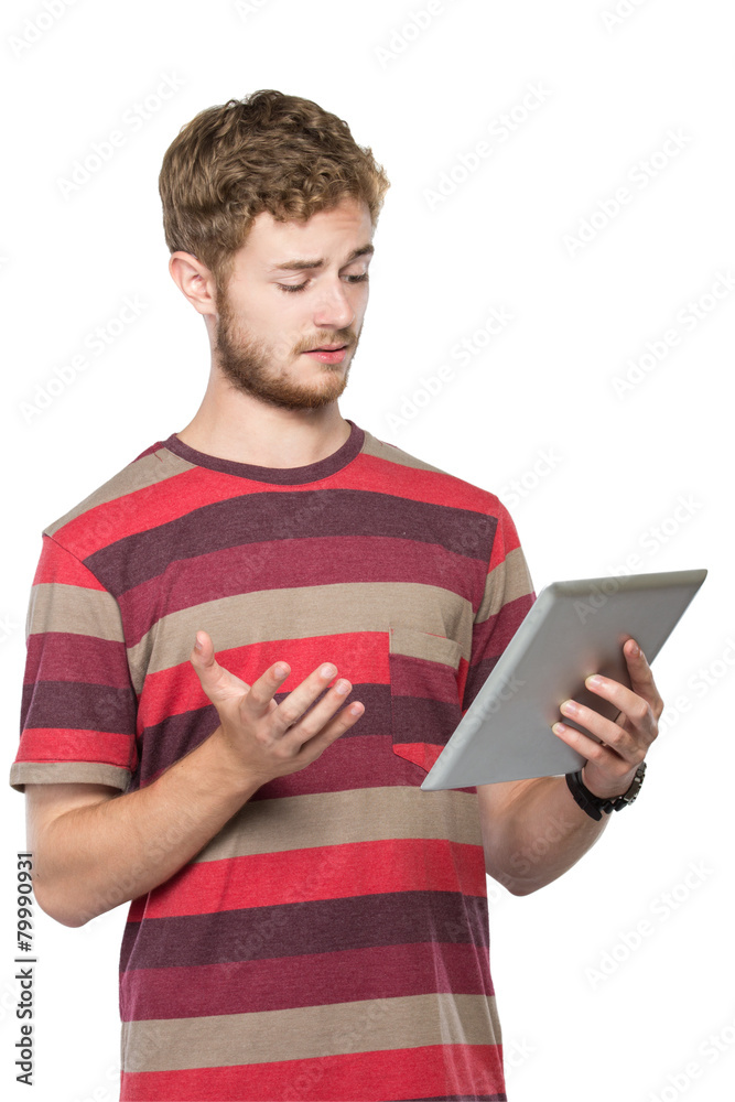 young man working with a modern tablet pc isolated
