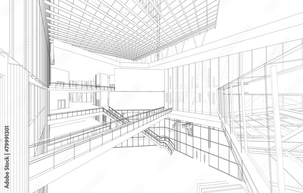 Fototapeta premium Perspective 3D render of building wireframe - Vector illustration