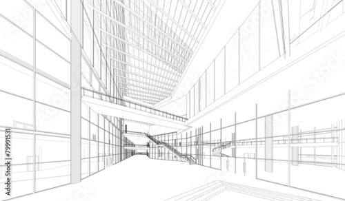 Perspective 3D render of building wireframe - Vector illustration