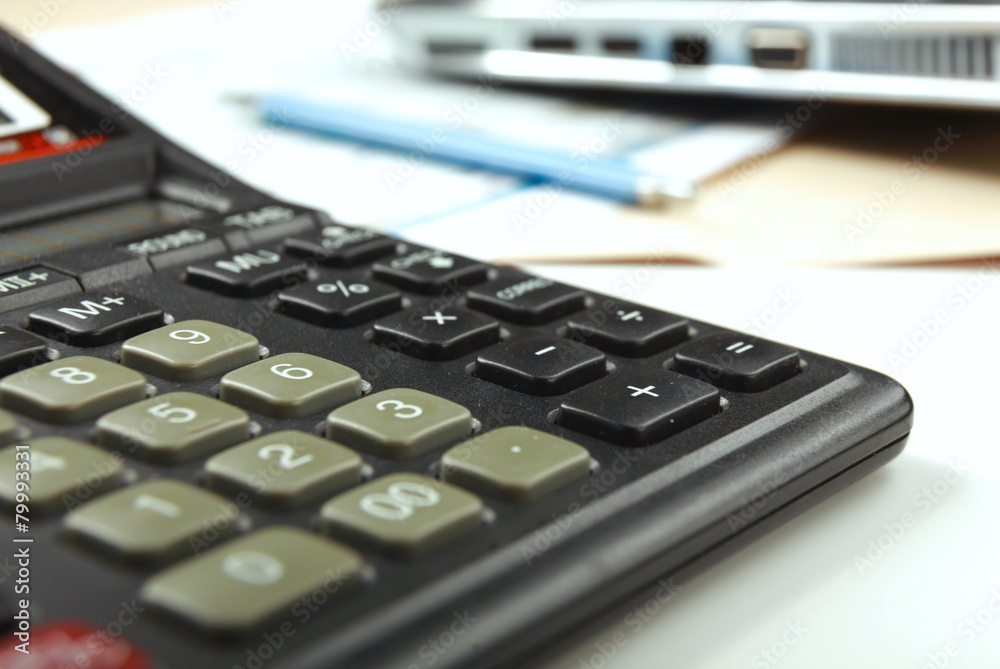 Calculator, pen, folder with documents Calculator, pen, folder with documents