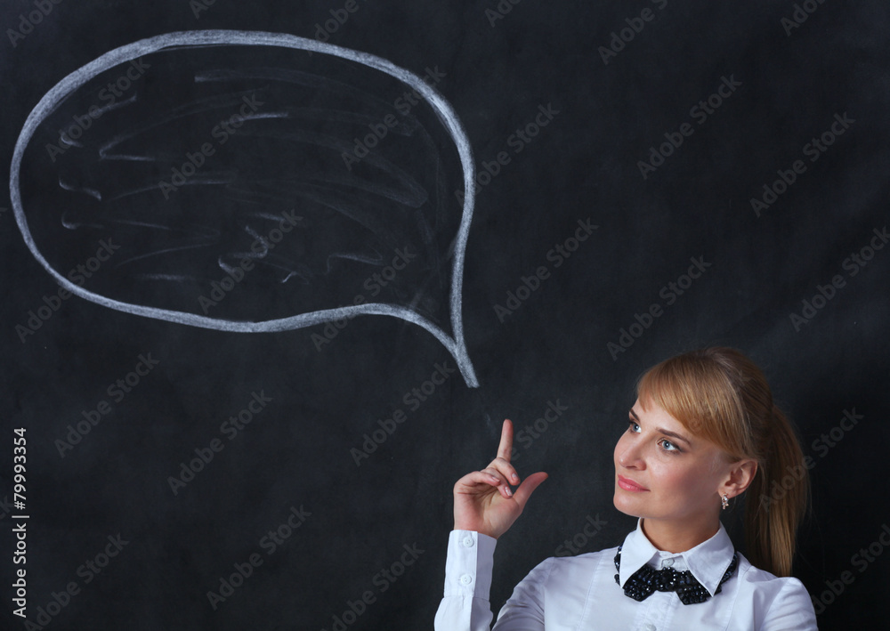 Portrait of attractive girl thinking and pointing  up to blank