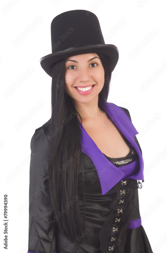 Woman in black and violet dress isolated on white Woman in black and violet dress isolated on white