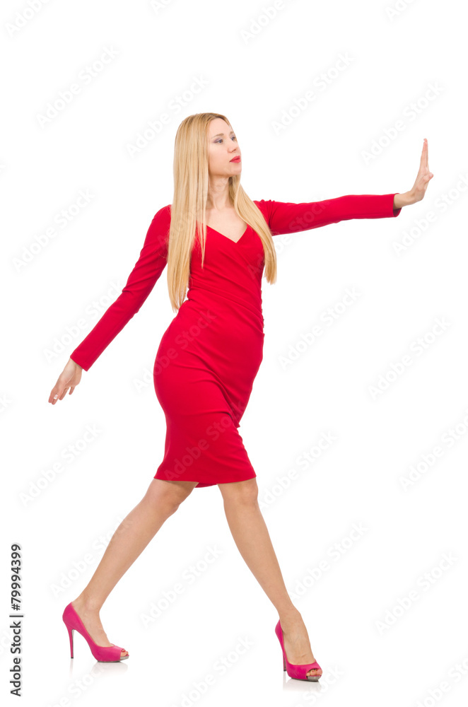 Woman in elegenat long red dress isolated on white