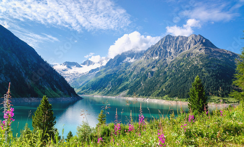 Crystal clear alpine lake Schlegeis with colorful flowers and mo photo