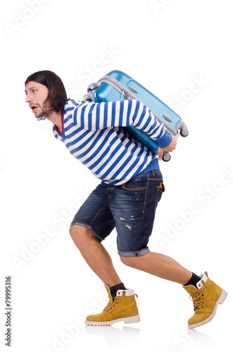 A tourist with bags isolated on white
