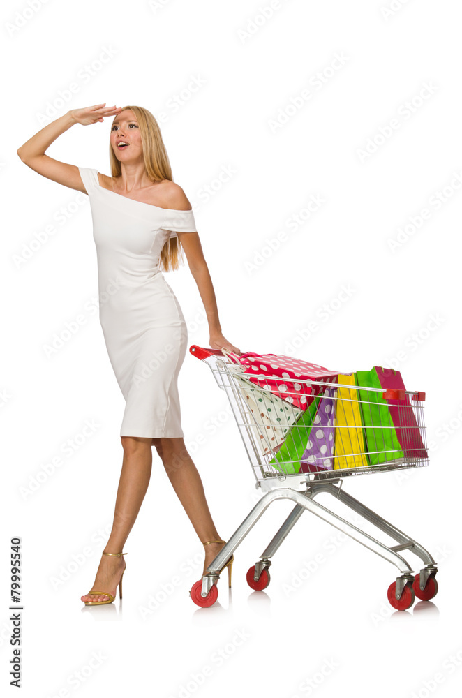 Woman in shopping concept isolated on white Woman in shopping concept isolated on white