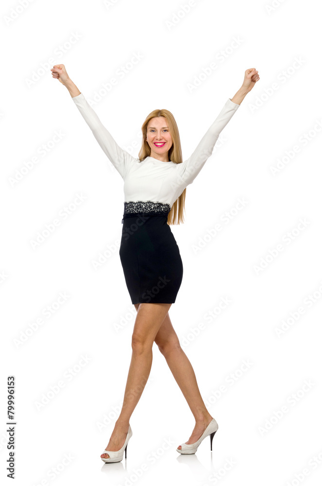 Pretty woman in black and white dress isolated on white Pretty woman in black and white dress isolated on white