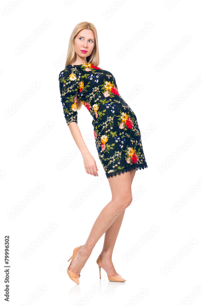 Woman in dark green floral dress isolated on white Woman in dark green floral dress isolated on white