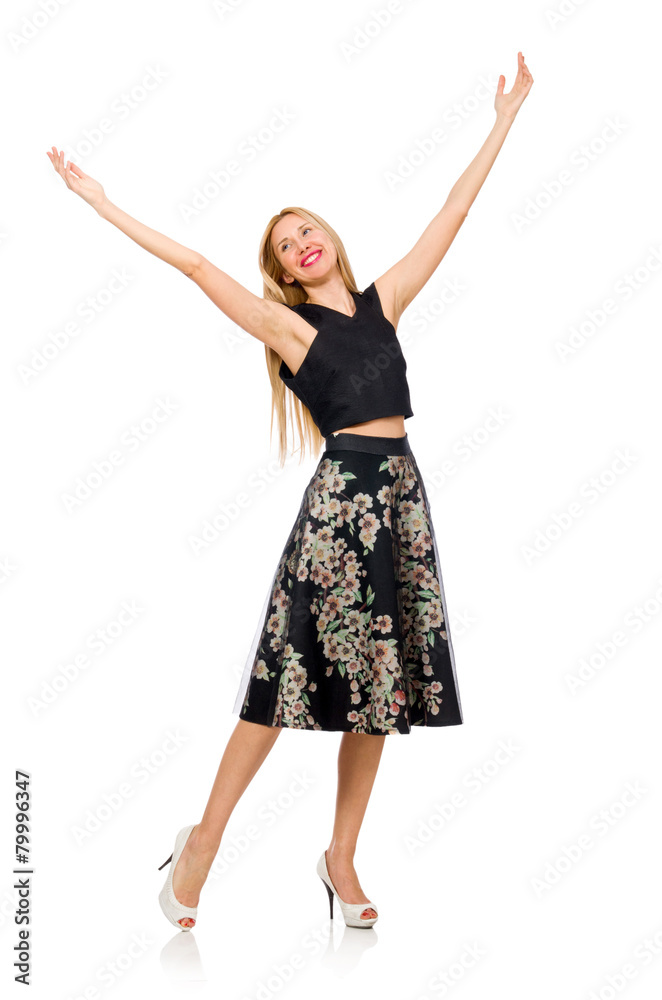 Woman in floral dark skirt isolated on white Woman in floral dark skirt isolated on white