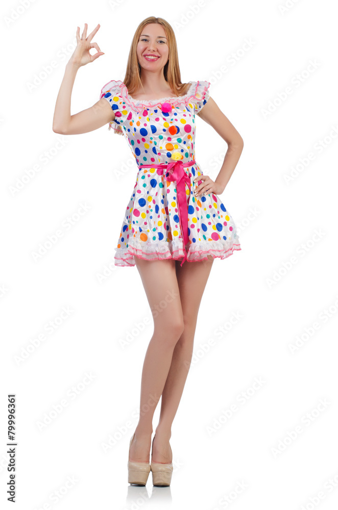 Fototapeta premium Woman in polka-dot dress isolated on white