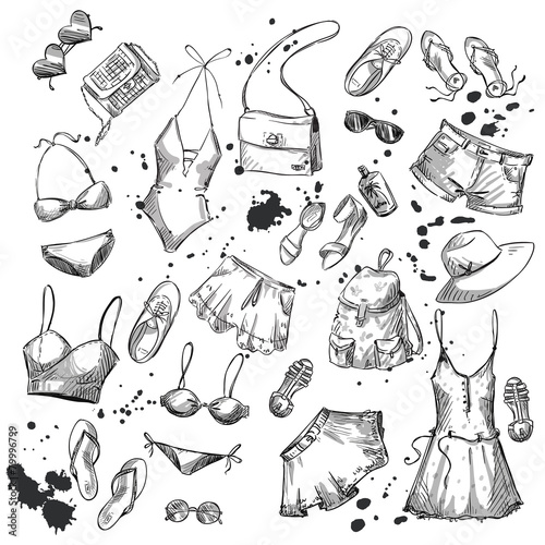 collection of summer clothing and accessories