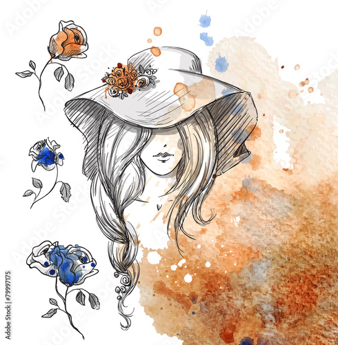 girl in a hat on a watercolor background
