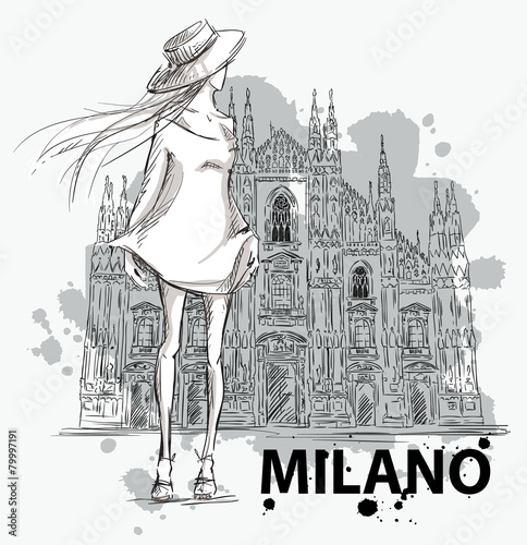 fashion sketch. Girl on a Milano Duomo  background