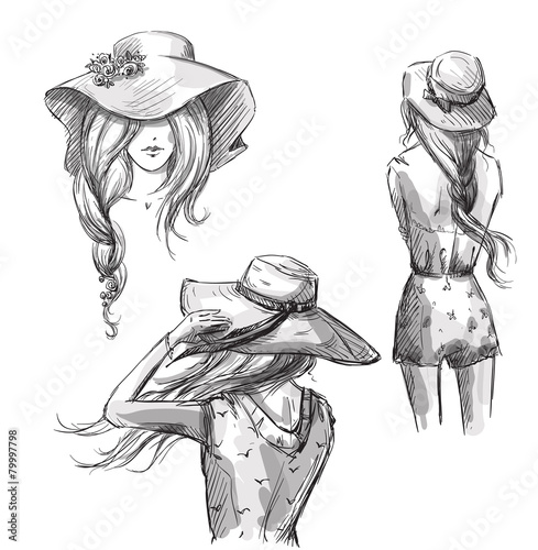 Fashion illustration. Hand drawn. Girls in hats.